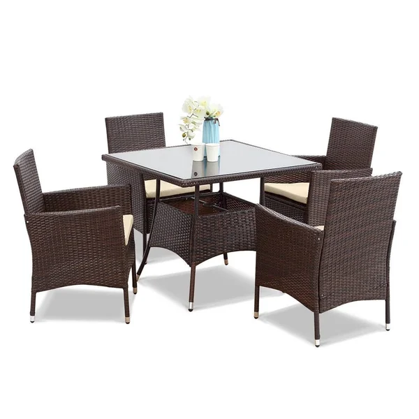 5 Piece Outdoor Patio Dining Set, Wicker Glassed Table and Cushioned Chair, Umbrella Cut Out, Brown, Size: 83