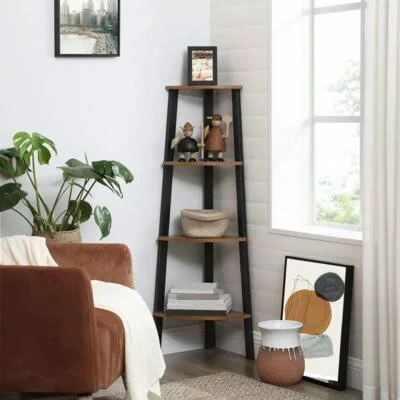 Industrial Corner Shelf, 4-Tier Bookcase, Storage Rack, Plant Stand for Home Office, Wood Look Accent Furniture with Metal Frame