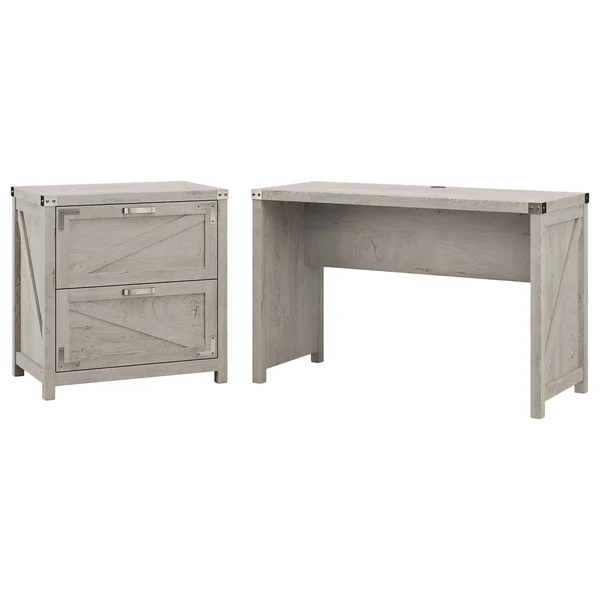Kathy Ireland Home Cottage Grove 48W Farmhouse Writing Desk with 2 Drawer Lateral File Cabinet - Cottage White