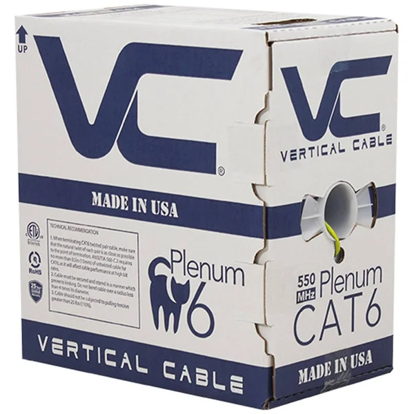 Vertical Cable Cat6 - 550 MHz, UTP, 23AWG, 8C Solid Bare Copper, Plenum, 1000ft, Yellow, Bulk Ethernet Cable - Made in USA