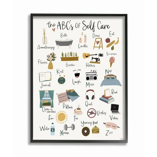 Stupell Industries ABC&s of Self Care Adult Relaxation Alphabet Framed Wall Art Design by Gigi Louise - 24 inch x 30 inch, Black