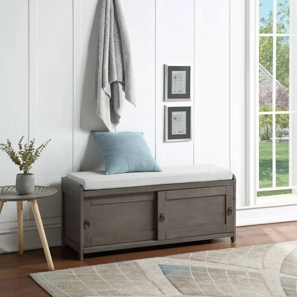 Homes Collection Wood Storage Bench with Cabinets - Black