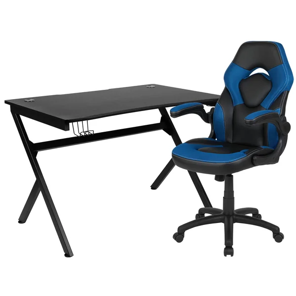 Flash Furniture Black Gaming Desk and Blue and Black Racing Chair Set with Cup Holder - Headphone Hook & 2 Wire Management Ho