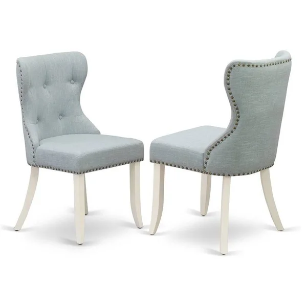 East West Furniture SIP2T15 Parson Dining Room Chair Includes White Solid Wood Structure with Baby Blue Linen Fabric Seat with N