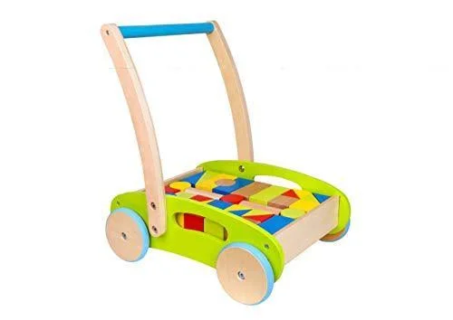 Toysters Wooden Baby Walker and Block Puzzle Push Cart, Wood Push and Pull Toy for Toddler Boys and Girls, Infant Activity Cen
