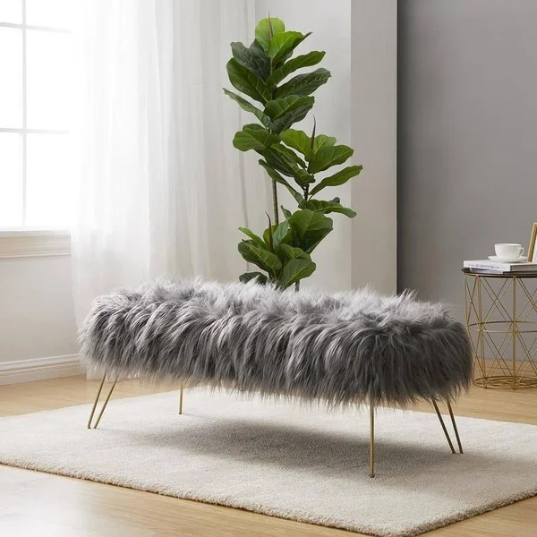 Silver Orchid Nilsson Contemporary Faux Fur Long Bench Ottoman - Grey