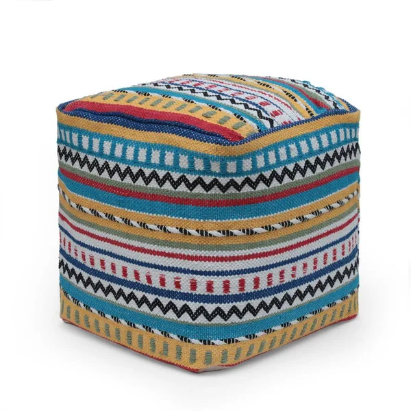 Noble House Rawson Fabric Handcrafted Peruvian Print Cube Pouf, Multi-Colored and Blue