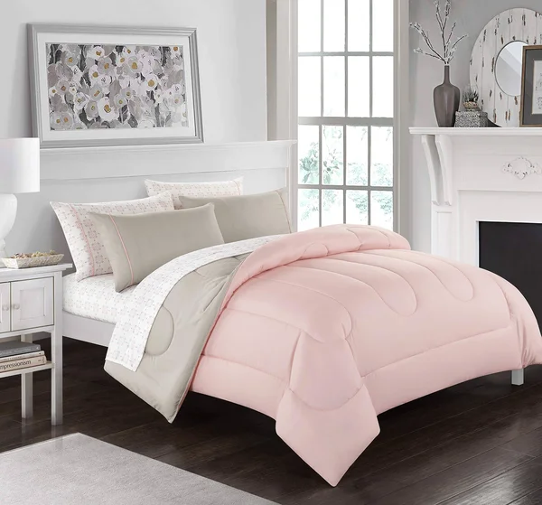 Casa 7-Piece Solid Reversible Comforter Set with Bonus Sheets, Queen, Blush