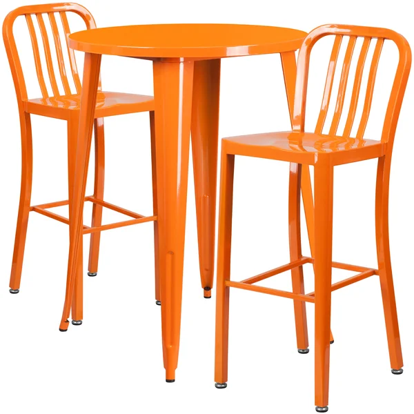 Round Orange Metal Indoor-Outdoor Bar Table Set with 2 Vertical Slat Back Stools