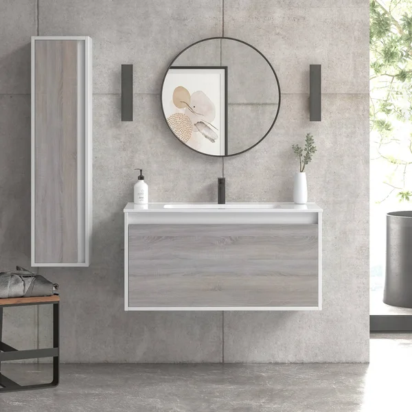 32x22 Bathroom Vanity Cabinet + Ceramic Sink, Tribeca, W 32 x H 20 x D 18 in RHD Weathered