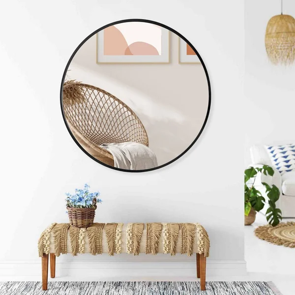 32 in. Round Aluminum Frame Shatterproof Accent Mirror - 32 x 32 - Black