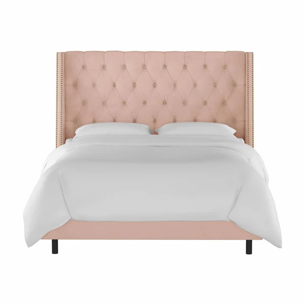 Skyline Furniture Velvet Button Tufted Nailhead Wingback Upholstered Panel Bed - Size: Twin, Soft Pink