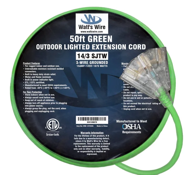 50ft 14 Gauge Heavy Duty Indoor/Outdoor SJTW Lighted Triple Outlet Extension Cord