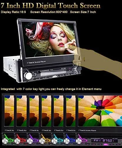 Universal in Dash Single 1din CD/DVD Multimedia Headunit 7-Inch Flip Out Touch Screen, Bluetooth Receiver, Built-In Mic, Hands-F