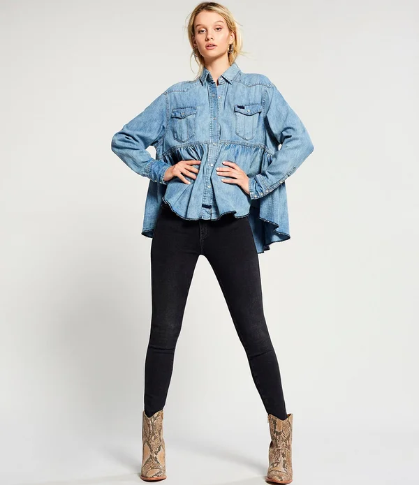 Free People Dylan Babydoll Snap Front Chambray Frayed Hem Blouse, Womens, L, Chambray