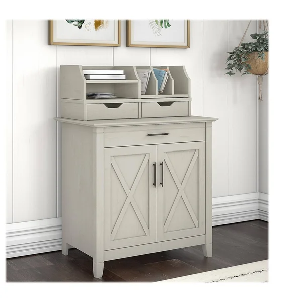 Bush Furniture Key West Secretary Desk with Storage and Desktop Organizers - Linen White Oak