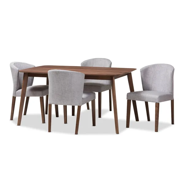 Baxton Studio Cassie Mid-Century Modern Walnut Wood Light Grey Fabric 5-Piece Dining Set
