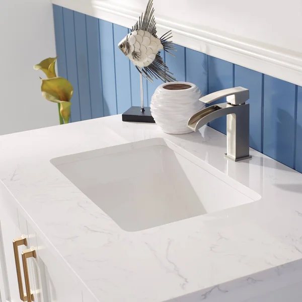 Vinnova Grayson 36x22 Single Vanity in White and Composite Carrara White Stone Countertop Without Mirror