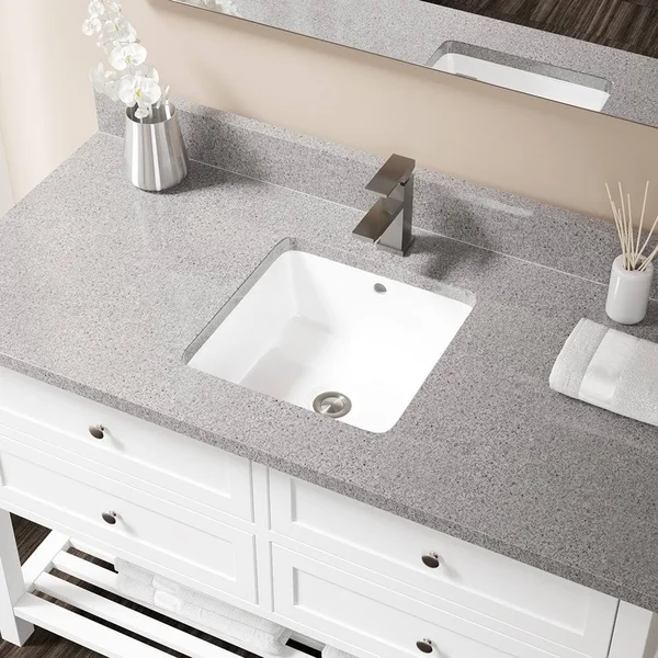 Mr Direct U1414-W-PUD-BN White Undermount Porcelain Bathroom Sink Ensemble, Brushed Nickel