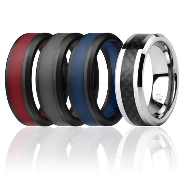 4 Pack - ROQ Silicone Men Wedding Bands - Full Cycle Carbon 9