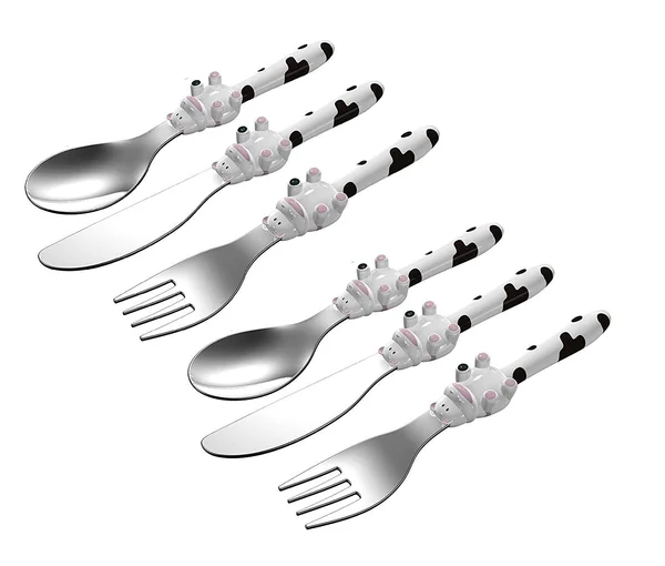 Exzact Stainless Steel 6 Pcs Children's Flatware Cutlery Set - 2 x Forks, 2 x Safe Dinnerknife, 2 x Dinner Spoons - Cow Design H