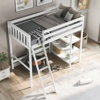 Solid Wood Loft Bed with Storage Shelves Harriet Bee Bed Frame Color: White