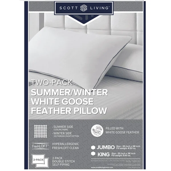 Scott Living Summer/Winter White Goose Feather Pillow - 2 Pack Jumbo