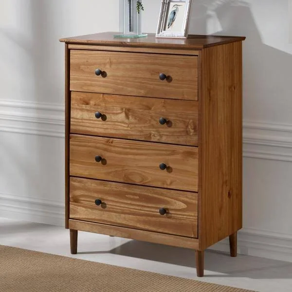 Classic Mid Century Modern 4-Drawer Caramel Solid Wood Dresser