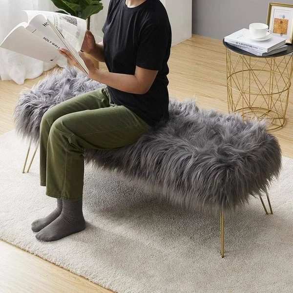 Silver Orchid Nilsson Contemporary Faux Fur Long Bench Ottoman - Grey