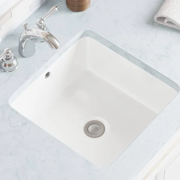 Mr Direct U1414-W-PUD-BN White Undermount Porcelain Bathroom Sink Ensemble, Brushed Nickel