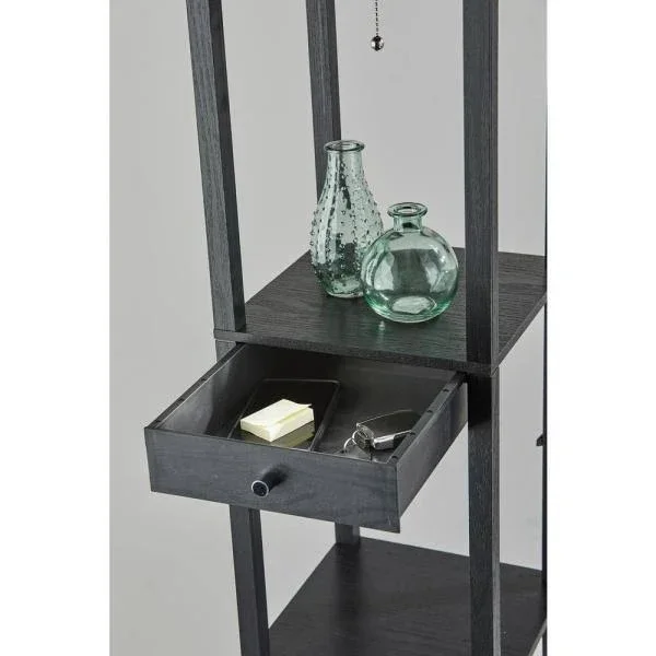 Adesso 72 in. Black Wood Shelf Floor Lamp with 1-Drawer and 3-Shelves