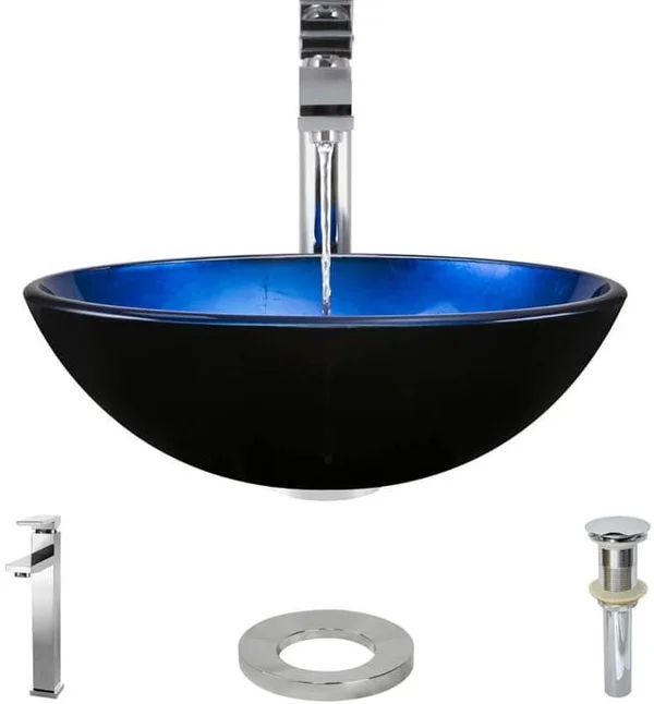 Rene R5-5008-R9-7003-C Foil Undertone Glass Vessel Sink with Chrome Vessel Faucet - Sink Ring, and Vessel Pop-Up Drain
