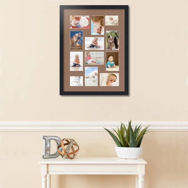 Collage Picture Frame, Satin Black Frame with 12 openings for 4x6 Photos with Brown Sandpiper Mat. D3926DJ465, ArtToFrames