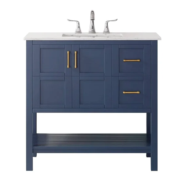 Roswell Florence 36 in. Bath Vanity in Blue with Marble Vanity Top in White with White Basin
