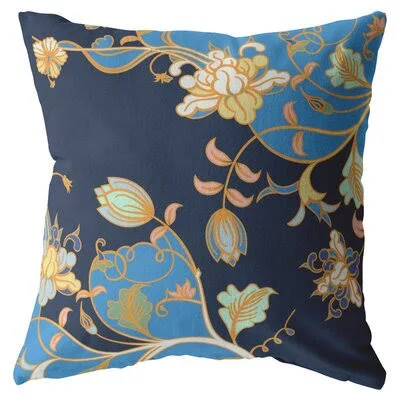 Carnation Garden Broadcloth Indoor Outdoor Zippered Pillow Light Blue on Navy Canora Grey Size: 16x22 x 16