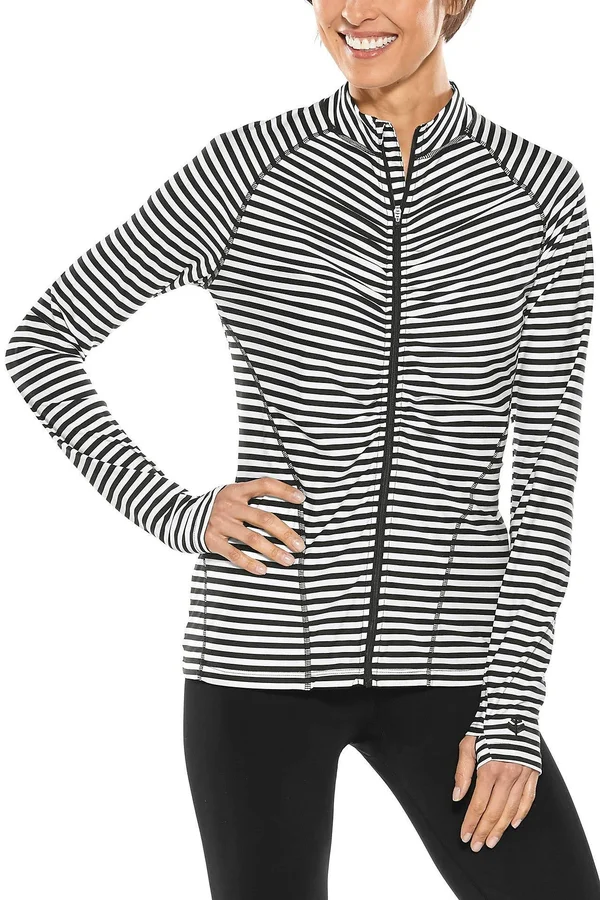 Coolibar Women's Atitlan Ruche Swim Jacket - UPF Protective Shirts for Women, White/Black Stripe, Medium