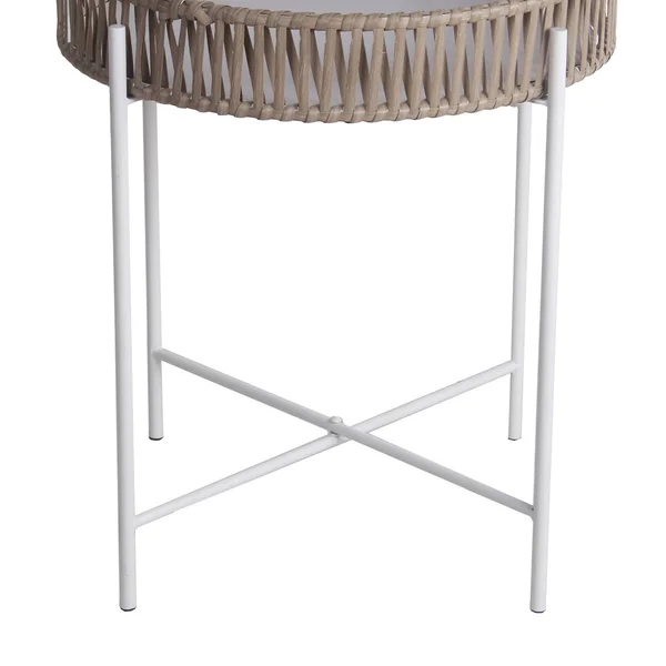 Metal Accent Table with Round Top and Woven Edges - Small, White and Brown
