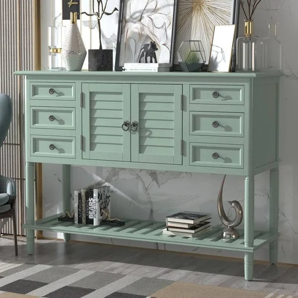 Solid Wood Console Table with 6 Drawers 1 Cabinets, 1 Shelf, Light Green - MDF