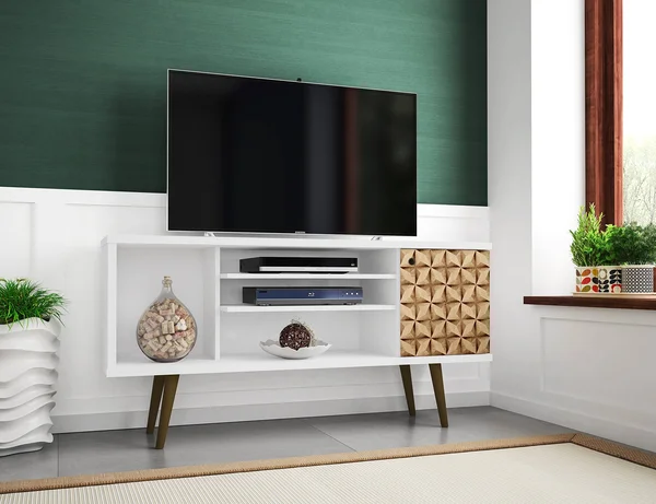 Manhattan Comfort, Liberty 53.14x22 Mid Century Modern TV Stand 5 Shelves White/3D Brown Prints
