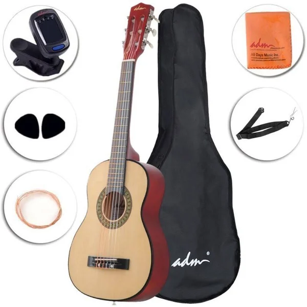 ADM Beginner Classical Guitar 30 inch Nylon Strings Bundle with Carrying Bag & Accessories - Natural Gloss
