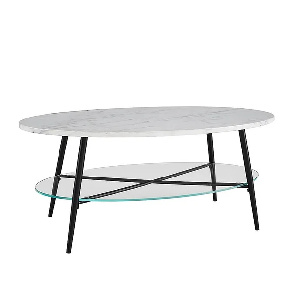 Forest Gate 42x22 Faux Marble Oval Coffee Table in White/Black