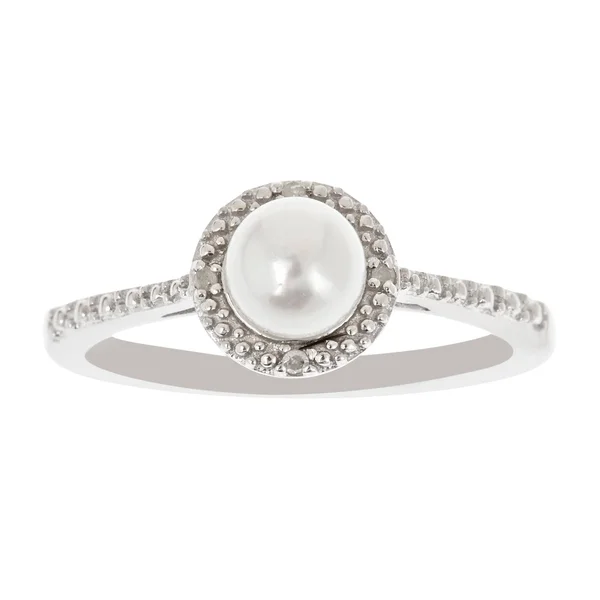Ladies Sterling Silver White Pearl and Diamond Accent Ring - Size: 9