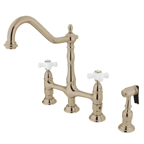 Kingston Brass KS1276PXBS Heritage Bridge Kitchen Faucet with Brass Sprayer - Polished Nickel