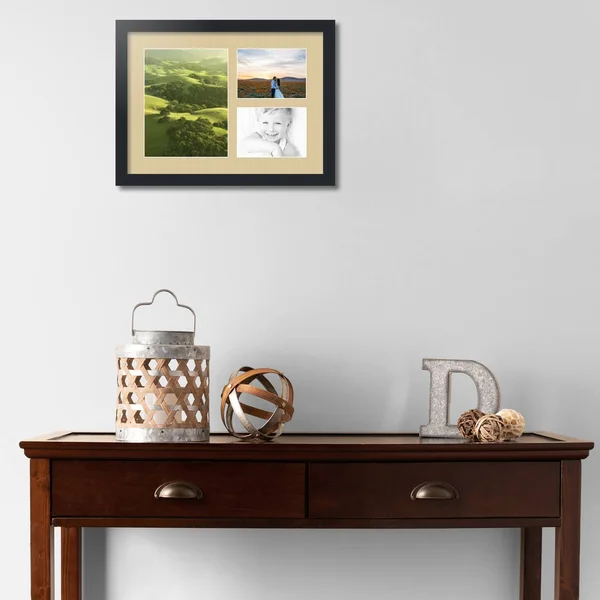 Collage Picture Frame, Satin Black Frame with 3 openings for 5x7 Photos with Green Whisper Mat. D3926GI480, ArtToFrames