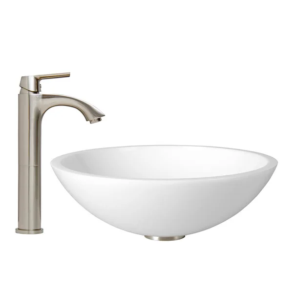 Vigo VGT451 Brushed Nickel Flat Edged White Phoenix Stone Vessel Sink and Linus Faucet Set