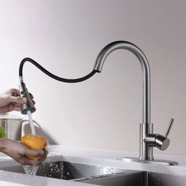 Kitchen Faucets with Pull Down Sprayer - Kablle Commercial Single Handle Brushed Nickel Kitchen Faucet - Single Level High Arch P