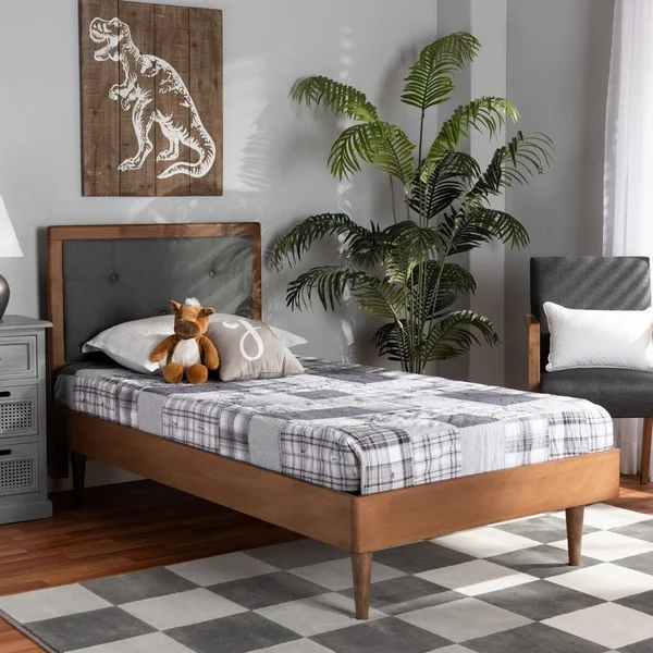 Baxton Studio Saul Mid-Century Modern Fabric Upholstered and Finished Wood Platform Bed Dark Grey & Walnut Brown, Twin