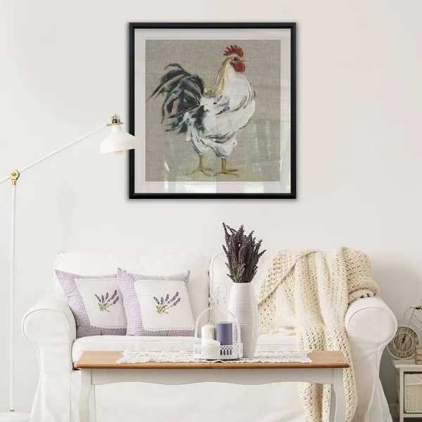 Linen Rooster I -Framed Giclee Print - 16x16
