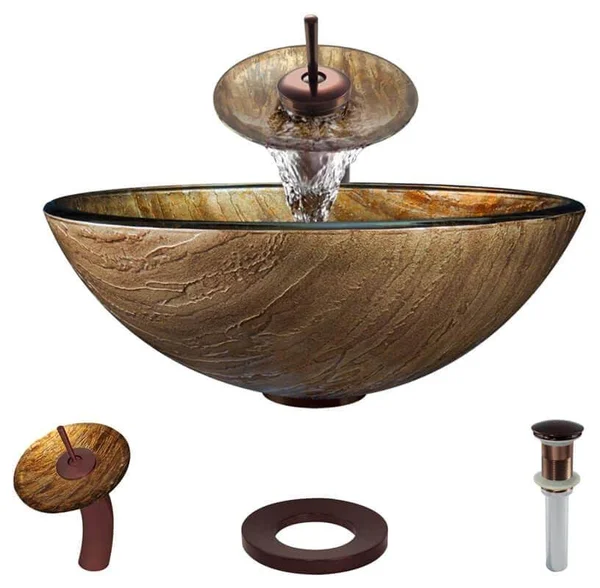 Rene R5-5030-WF-ORB Glass Vessel Bathroom Sink with Oil Rubbed Bronze Waterfall Faucet, Sink Ring, and Vessel Pop-Up Drain