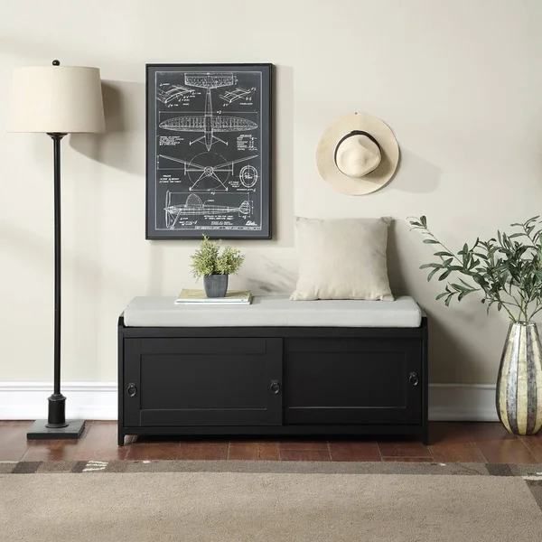 Homes Collection Wood Storage Bench with Cabinets - Black